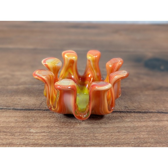 Hand Blown Art Glass Bowl Candy Dish Orange Yellow Swirl Unique Decor‎ - Picture 1 of 10
